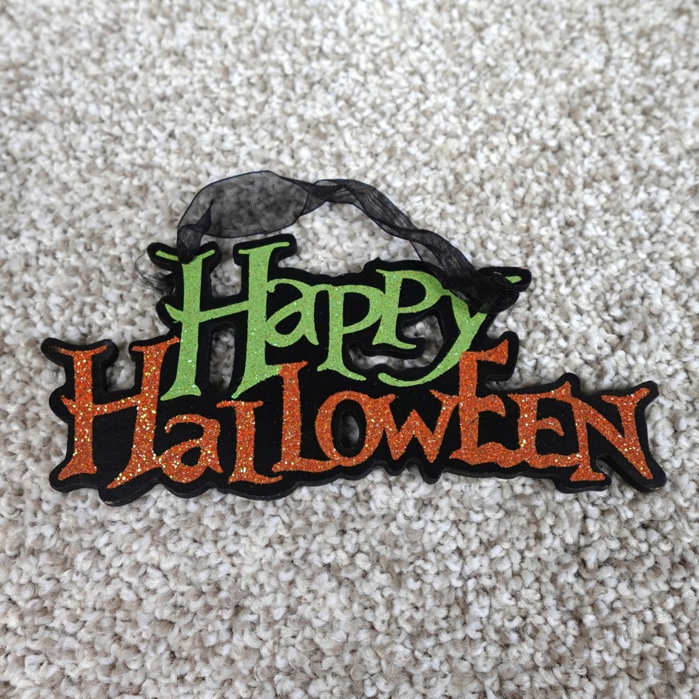 Happy Halloween Glitter Wood Sign Glitter Orange Green Black Ribbon